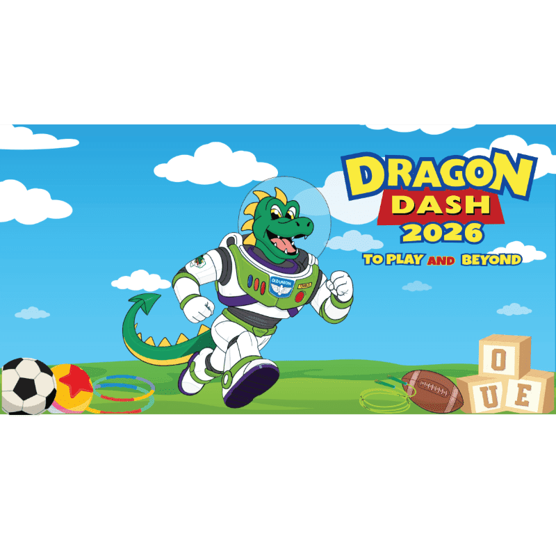 A cartoon dragon in a spacesuit runs across a grassy field with toys in the foreground, under a bright blue sky with clouds and the "Dragon Dash 2026" logo in the background.