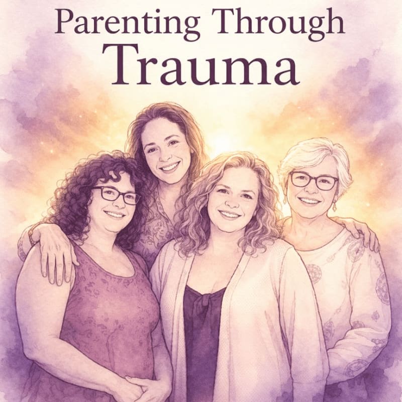 Four smiling women are featured in the foreground against a soft, watercolor-style background with a warm glow.