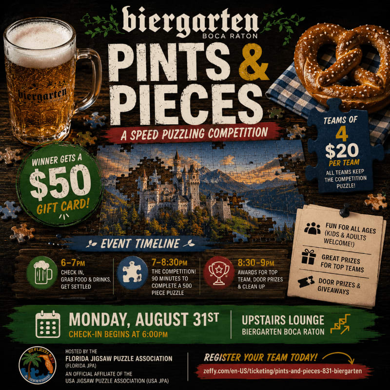 A frothy beer and a pretzel sit on a wooden table in the foreground, while the background advertises a "Pints & Pieces" speed puzzling competition with event details and a castle puzzle image.