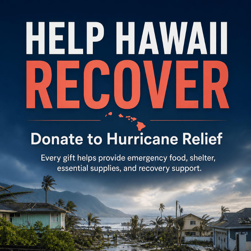 A dark, stormy sky looms over damaged homes in the foreground, with text in the background urging donations for hurricane relief in Hawaii.