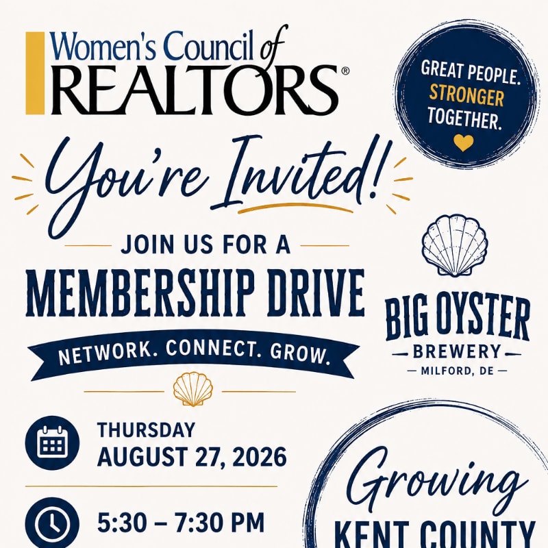 A Women's Council of REALTORS membership drive invitation is displayed with event details in the foreground and branding elements in the background.