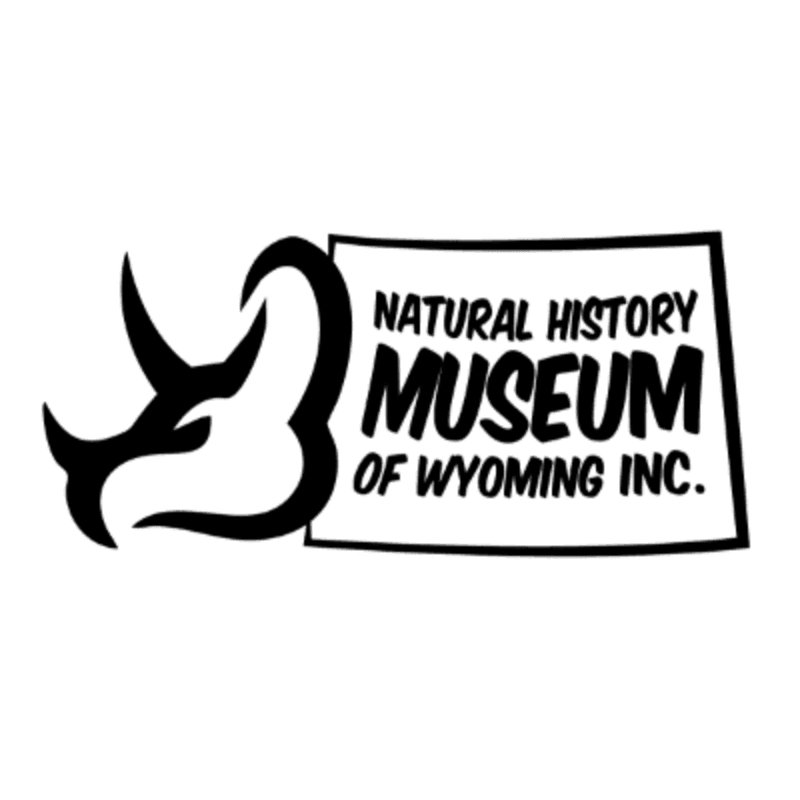 A black silhouette of a rhinoceros head with large horns is on the left, next to a white rectangle containing the text "NATURAL HISTORY MUSEUM OF WYOMING INC." in black lettering on a white background.