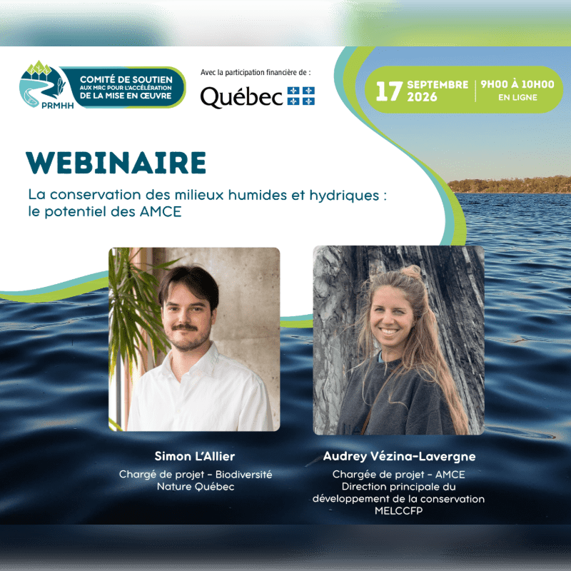 Two smiling individuals, Simon L'Allier and Audrey Vézina-Lavergne, are featured in the foreground against a backdrop of rippling water and a graphic overlay announcing a webinar on wetland conservation.