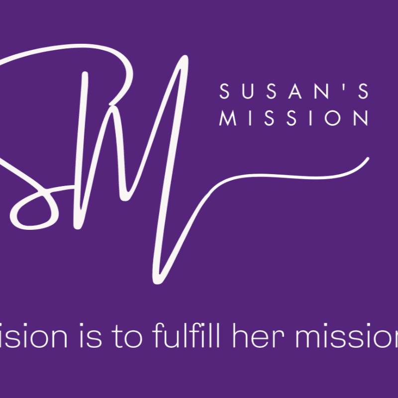 A white logo with the letters "RM" and the text "SUSAN'S MISSION" is displayed on a purple background, with a tagline below.