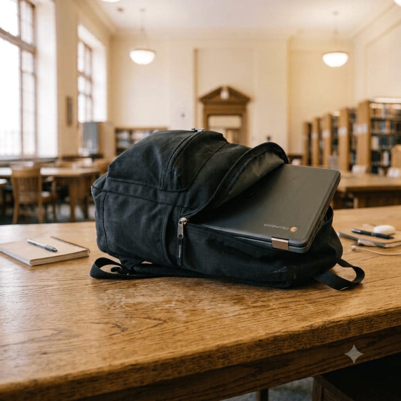 A black backpack with a laptop peeking out rests on a wooden table in a library with bookshelves in the background.