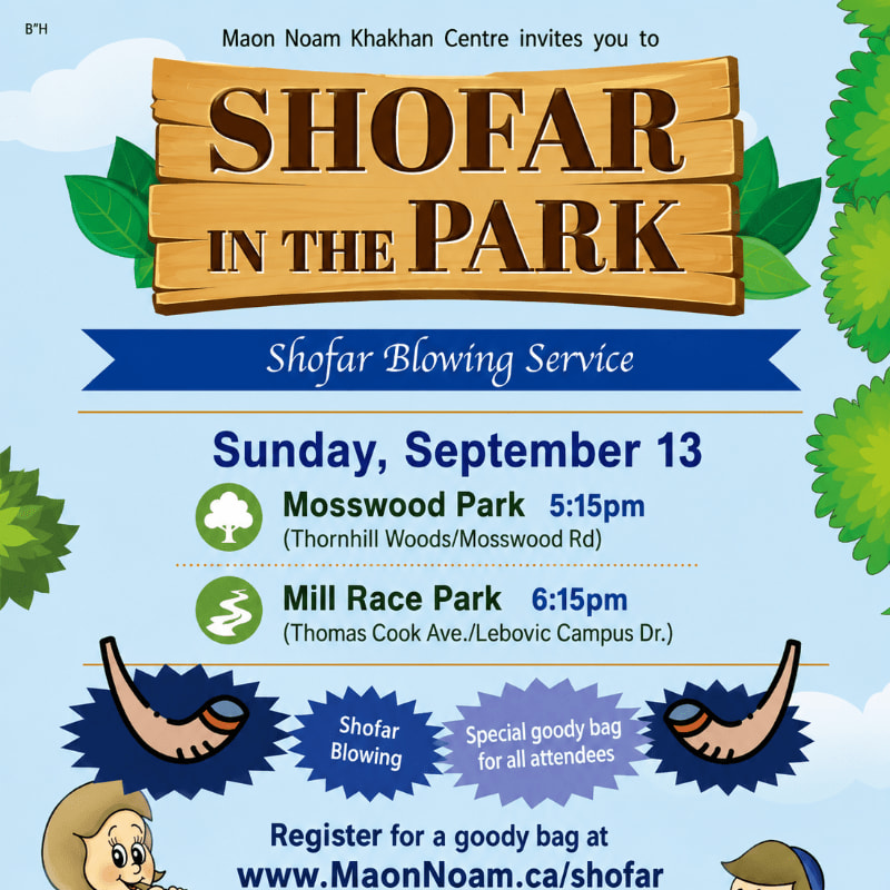 A wooden sign with "SHOFAR IN THE PARK" is in the foreground, with green trees and a blue banner in the background.