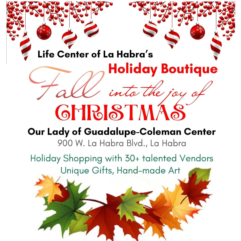 A festive holiday boutique advertisement features autumn leaves in the foreground and a garland of red ornaments and berries in the background.