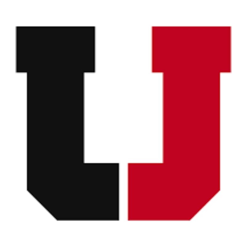 A stylized letter "U" is split vertically, with the left half in black and the right half in red, against a plain white background.