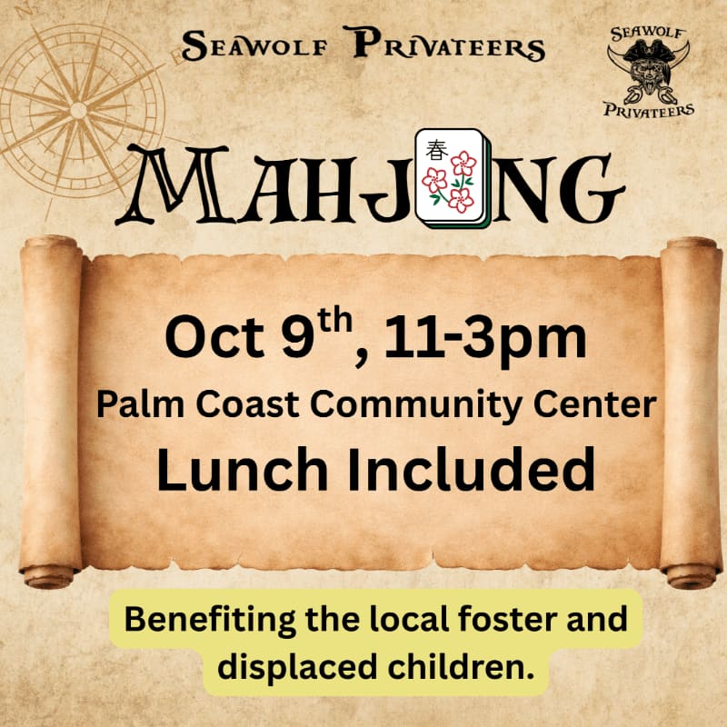 A parchment scroll with event details for a Mahjong game is set against a background featuring a compass rose and pirate imagery.