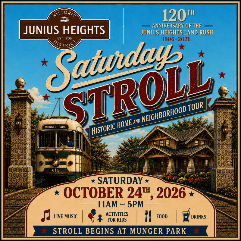 A vintage trolley and historic homes are featured in the foreground, with a banner announcing the "Saturday Stroll" and its 120th anniversary in the background.