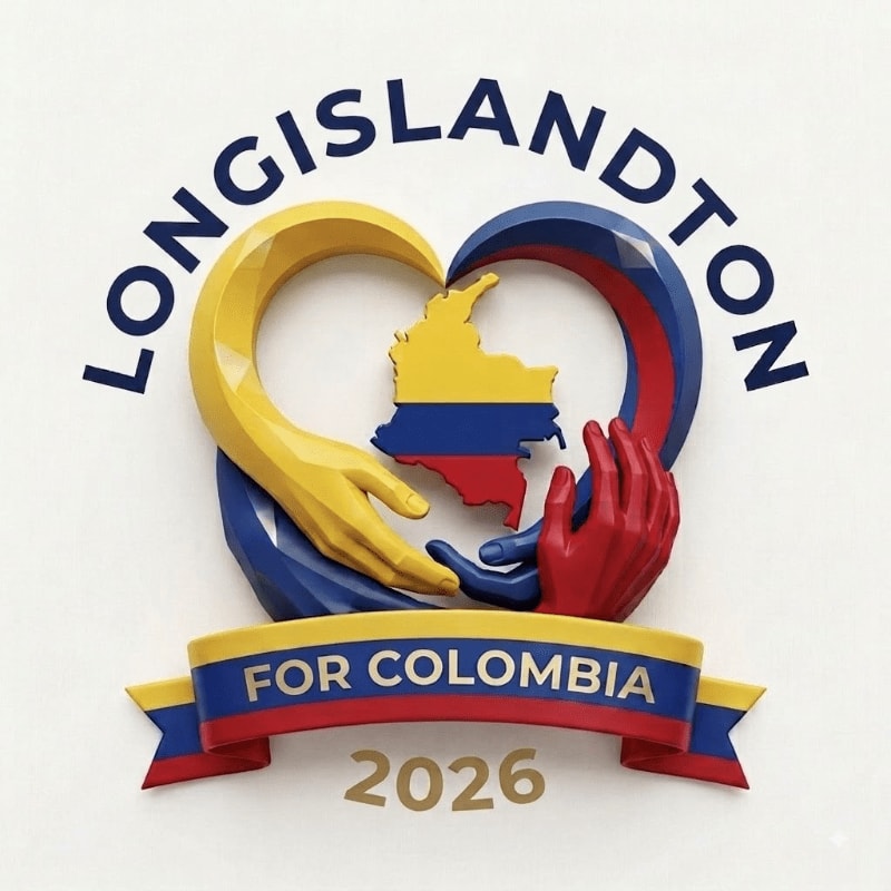 A heart-shaped emblem with the words "LONGISLANDTON FOR COLOMBIA 2026" encircles a map of Colombia, with two hands reaching towards it, all set against a plain white background.