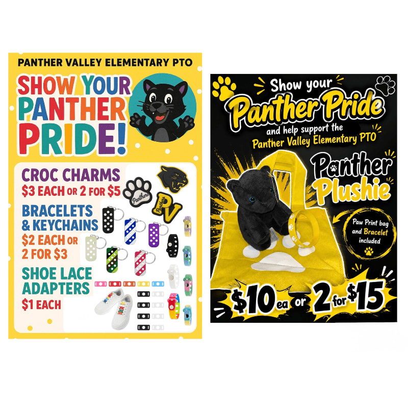 In the foreground, colorful merchandise like croc charms, bracelets, keychains, and shoe lace adapters are displayed, while the background features promotional posters for Panther Valley Elementary PTO, highlighting a panther plushie and other spirit items.