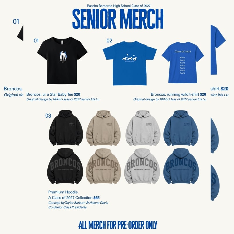In the foreground, various "Senior Merch" t-shirts and hoodies for Rancho Bernardo High School's Class of 2027 are displayed, while the background is a plain, light blue color.