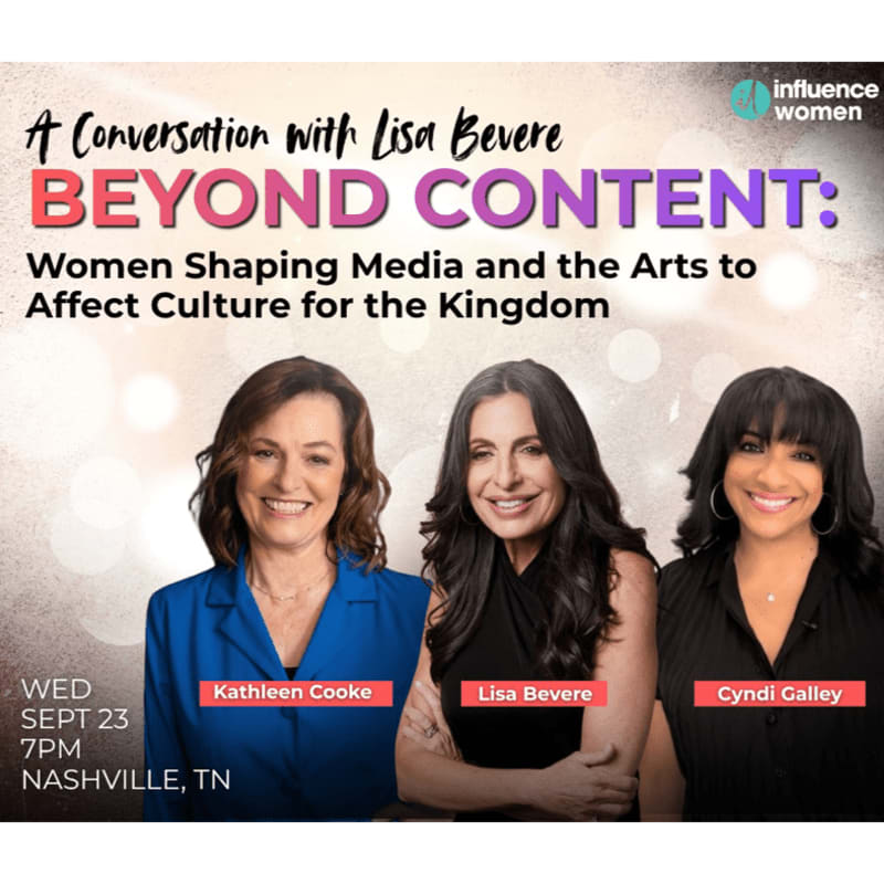 Three women smile in the foreground against a background of event details and a logo.