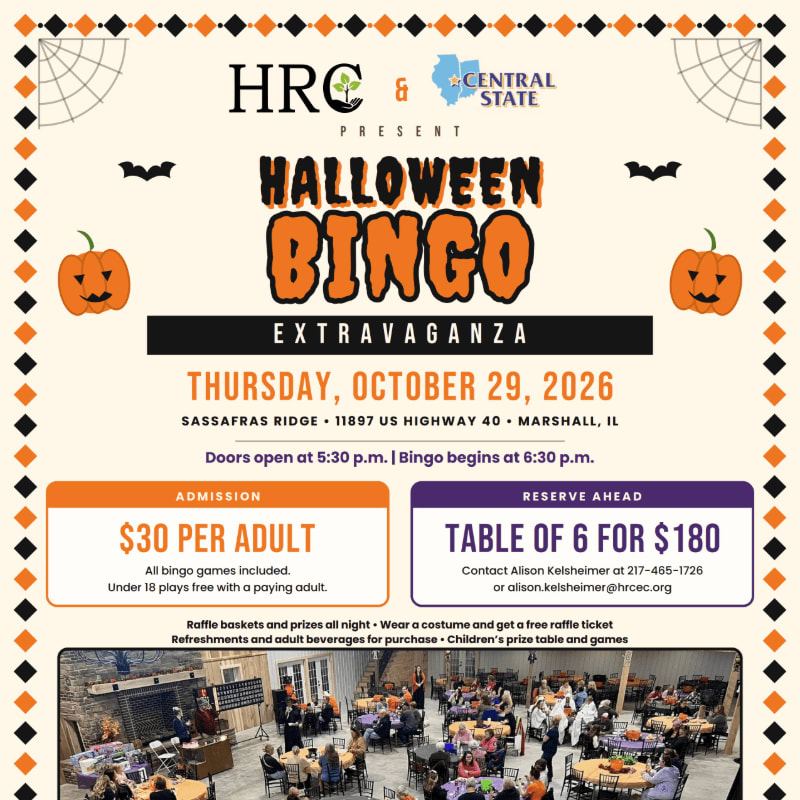 A Halloween Bingo Extravaganza poster with event details in the background and a photo of people playing bingo in the foreground.