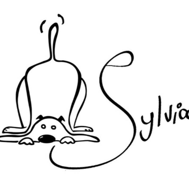A playful cartoon dog in a bow-wow pose is drawn next to the name "Sylvia" in a whimsical script against a white background.