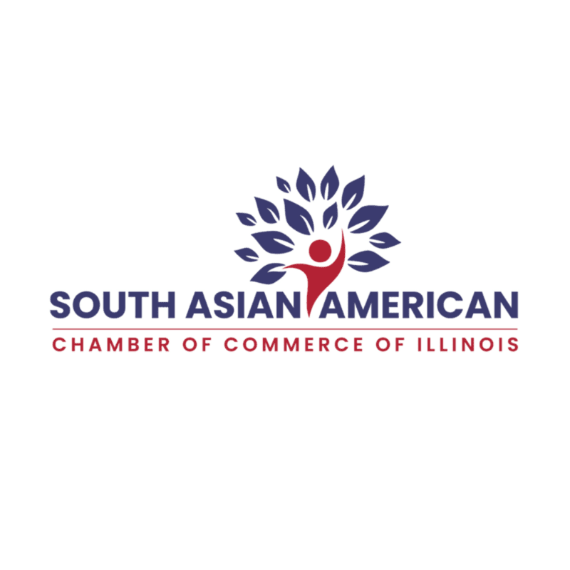 A red figure with outstretched arms forms the trunk of a blue leafy tree above the text "SOUTH ASIAN AMERICAN CHAMBER OF COMMERCE OF ILLINOIS" on a white background.