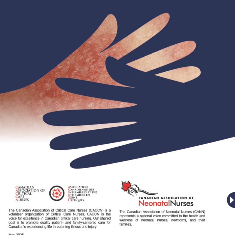Two hands, one appearing to be a shadow, are clasped together against a dark blue background, with logos and text describing nursing associations in the lower left corner.