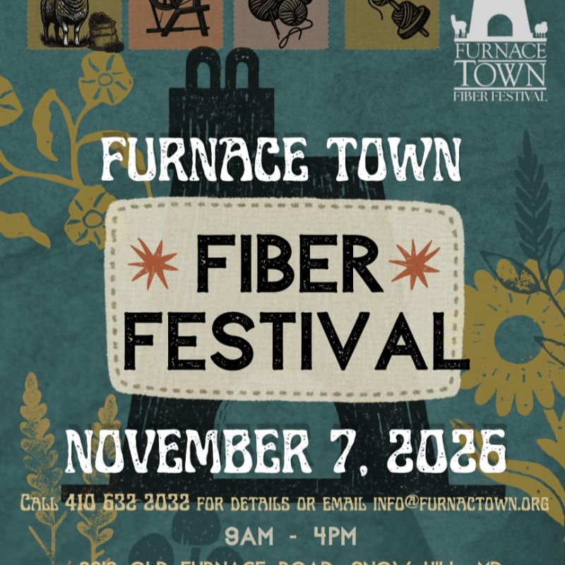 A stylized illustration advertises the Furnace Town Fiber Festival on November 7, 2026, with a large loom graphic in the foreground and floral and sheep motifs in the background.