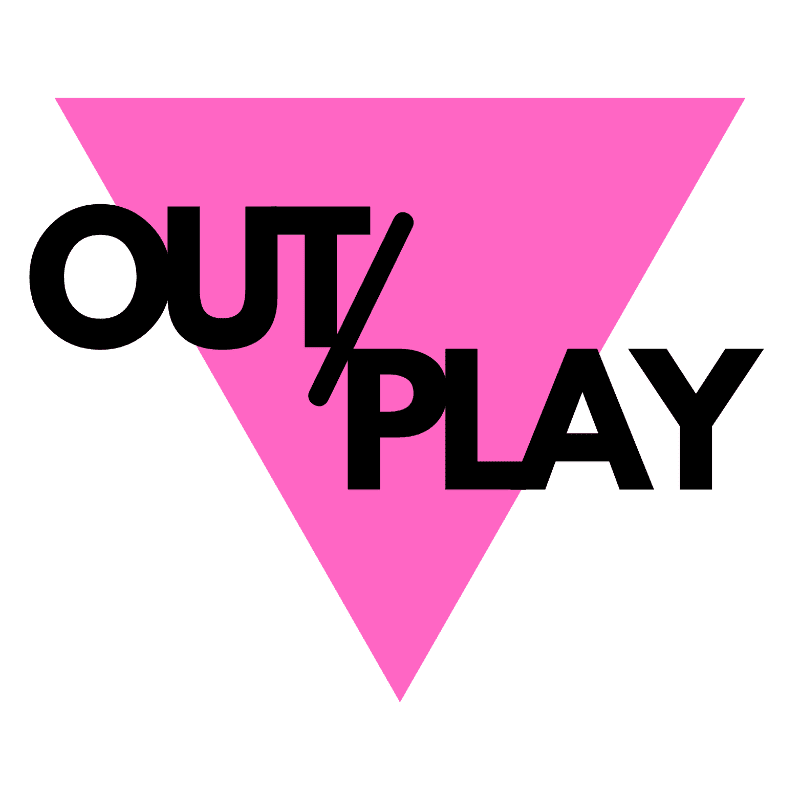 Black text reading "OUT/PLAY" is superimposed on a bright pink triangle against a white background.