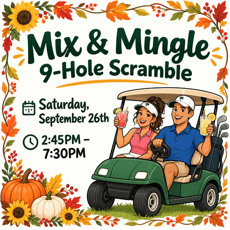 A couple in a golf cart with drinks is featured in the foreground, surrounded by autumn leaves and pumpkins, with event details for a "Mix & Mingle 9-Hole Scramble" in the background.