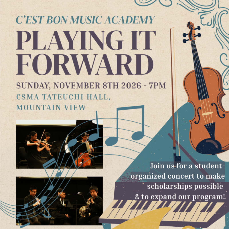 A violin and piano keys are in the foreground, with images of student musicians and musical notes in the background, advertising a concert for C'est Bon Music Academy.