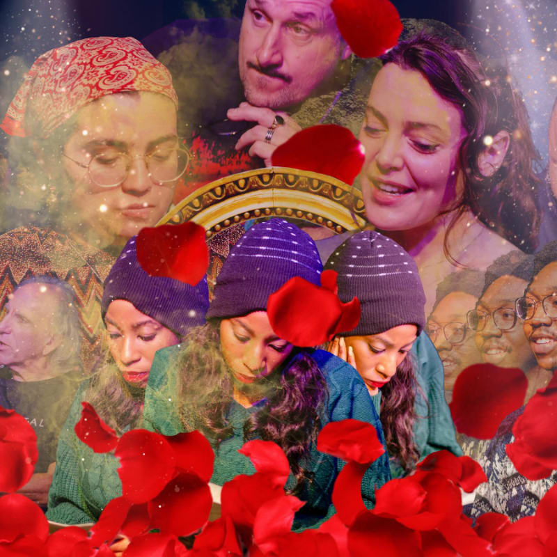 Red rose petals fill the foreground, obscuring a collage of faces in various states of contemplation and joy against a softly lit, ethereal background.