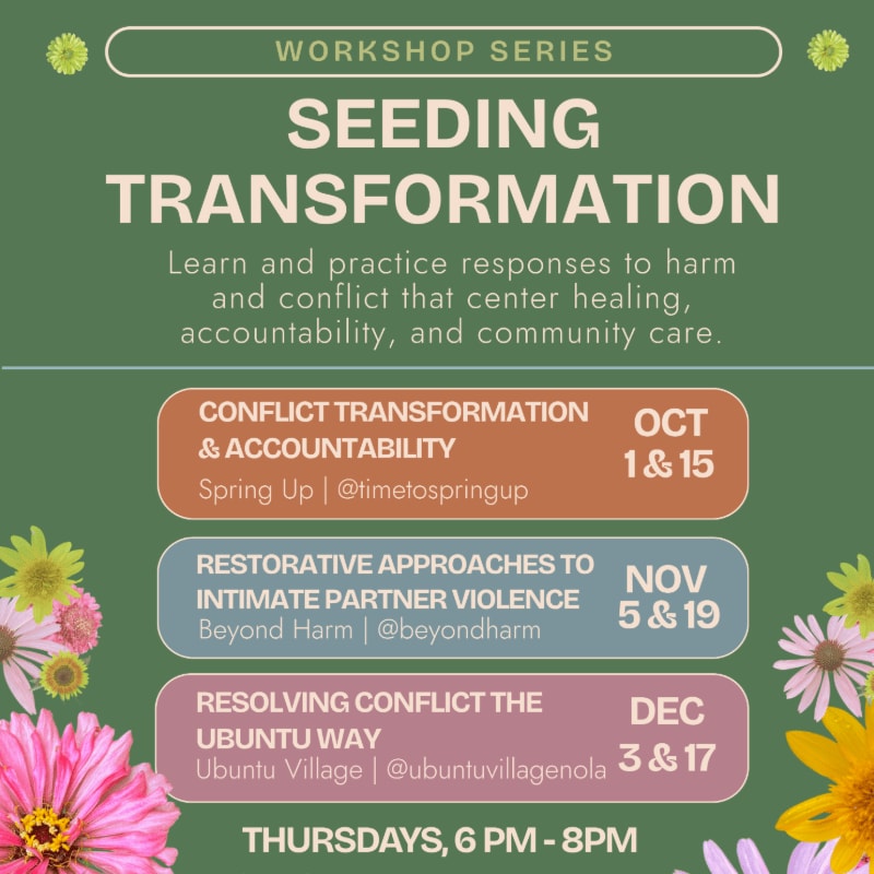 A green background with floral accents frames a workshop series titled "Seeding Transformation," detailing three distinct workshops with dates and facilitators.