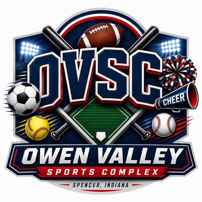 Sports equipment like a soccer ball, football, baseball, and pom-poms are arranged around the "OVSC OWEN VALLEY SPORTS COMPLEX SPENCER, INDIANA" logo, set against a backdrop of stadium lights and a baseball diamond.