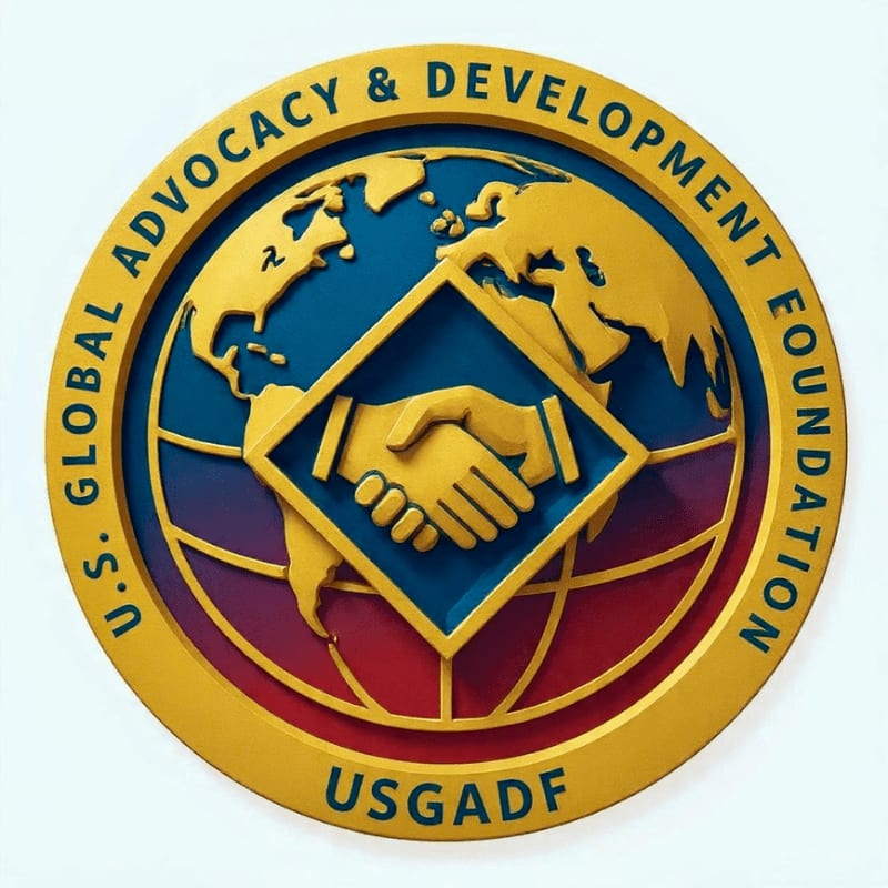 A circular logo with a stylized globe and shaking hands in the foreground, set against a white background.