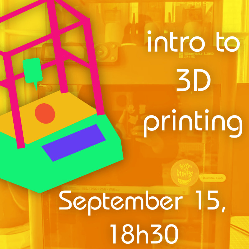 A colorful 3D printer model is in the foreground against a background advertising an "intro to 3D printing" event on September 15th at 18:30.