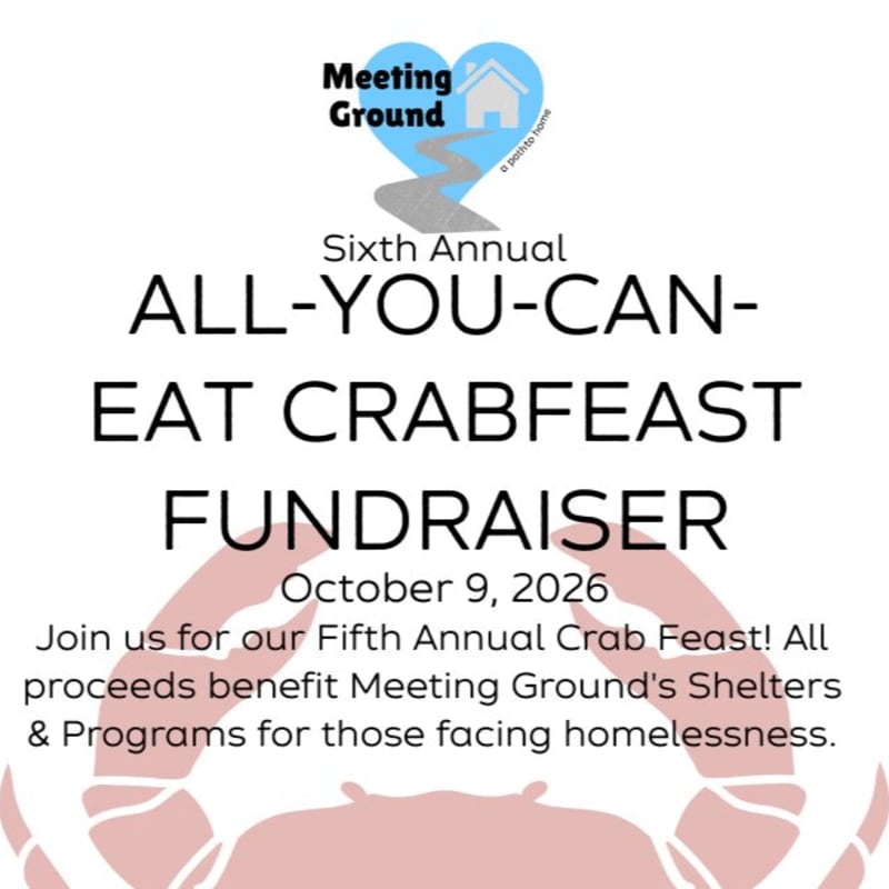 A pink crab silhouette fills the foreground of a flyer announcing the Sixth Annual All-You-Can-Eat Crabfeast Fundraiser for Meeting Ground's shelters and programs.