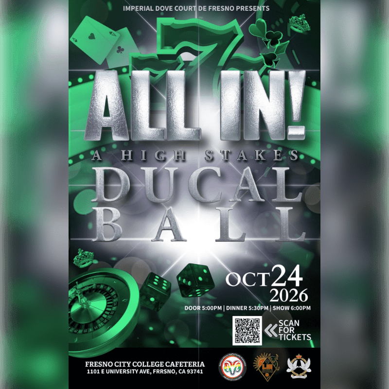 A casino-themed poster for "All In! A High Stakes Ducal Ball" features playing cards and dice in the foreground against a dark, green-tinted background with the event title prominently displayed.