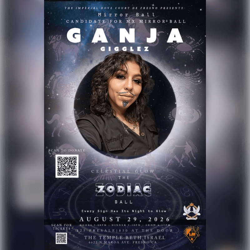 A person with dark curly hair and a mustache is featured in a circular frame against a starry background with zodiac symbols, promoting the "Celestial Glow The Zodiac Ball."
