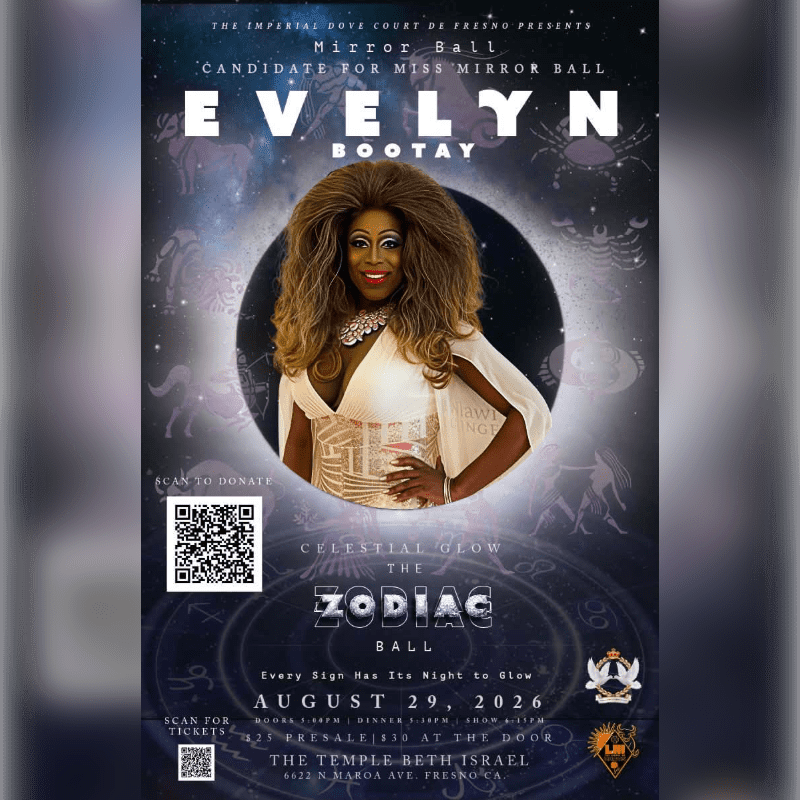A drag queen with voluminous hair and a sparkling white outfit is featured in the foreground against a background of zodiac symbols and celestial imagery.