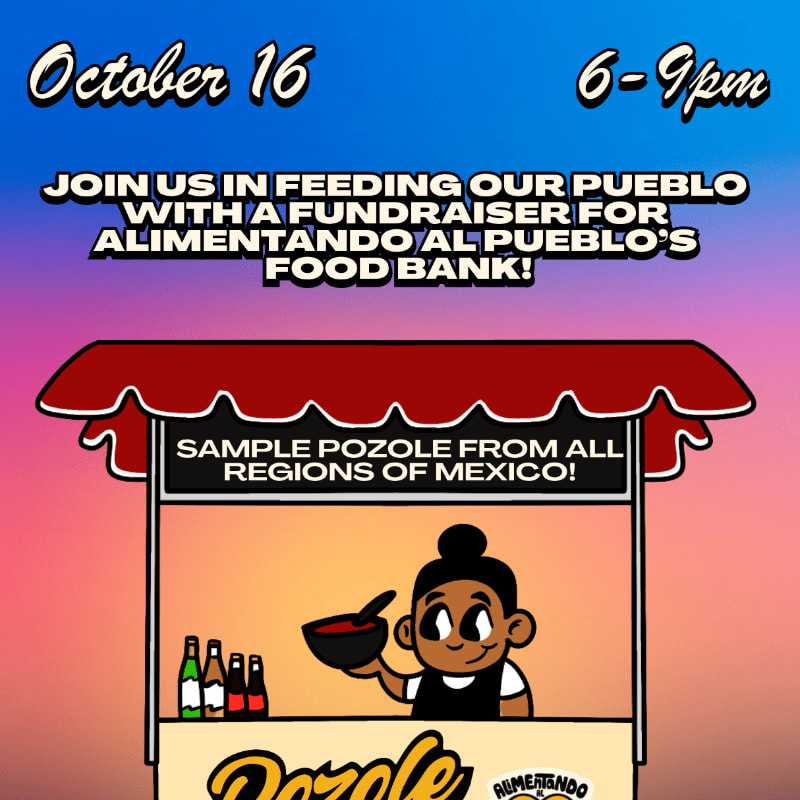 A cartoon vendor stands behind a food stall offering pozole samples, with a colorful gradient sky in the background.