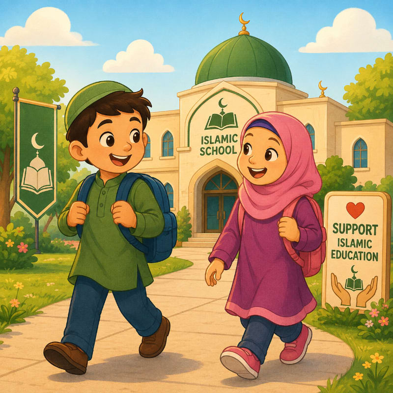 Two smiling children with backpacks walk on a path towards an Islamic school with a green dome, while a sign advocating for Islamic education stands nearby.