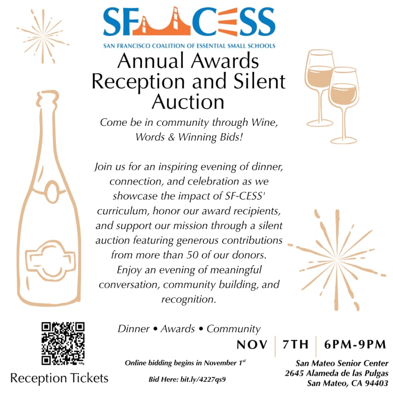 A champagne bottle and wine glasses are in the foreground, with event details for the SF-CESS Annual Awards Reception and Silent Auction in the background.