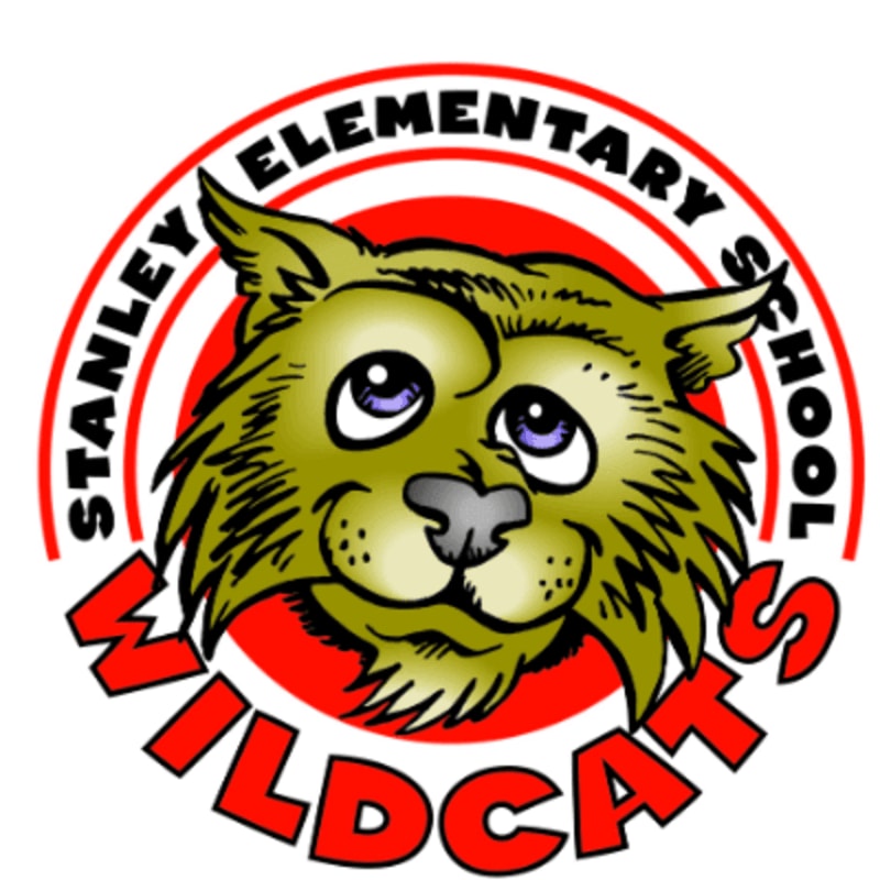 A cartoon wildcat mascot with purple eyes and a green face is centered in front of a red and white circular logo that reads "STANLEY ELEMENTARY SCHOOL WILDCATS".