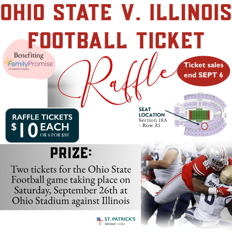 A raffle for two Ohio State vs. Illinois football tickets is advertised with game details and a football player in the foreground.