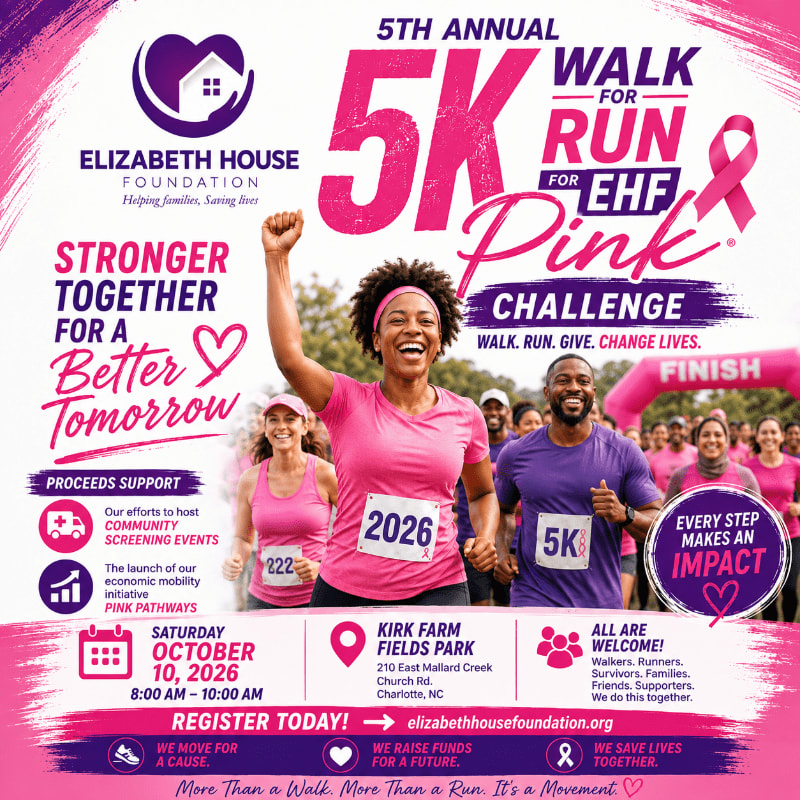 A group of smiling runners in pink and purple race shirts cross a finish line in a park, with event details for the Elizabeth House Foundation's 5K Walk/Run for Pink Challenge filling the background.