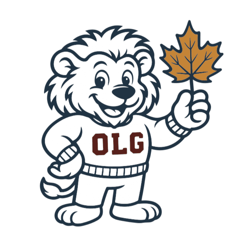 A cartoon lion wearing a sweater with "OLG" on it holds a maple leaf in its right paw against a white background.