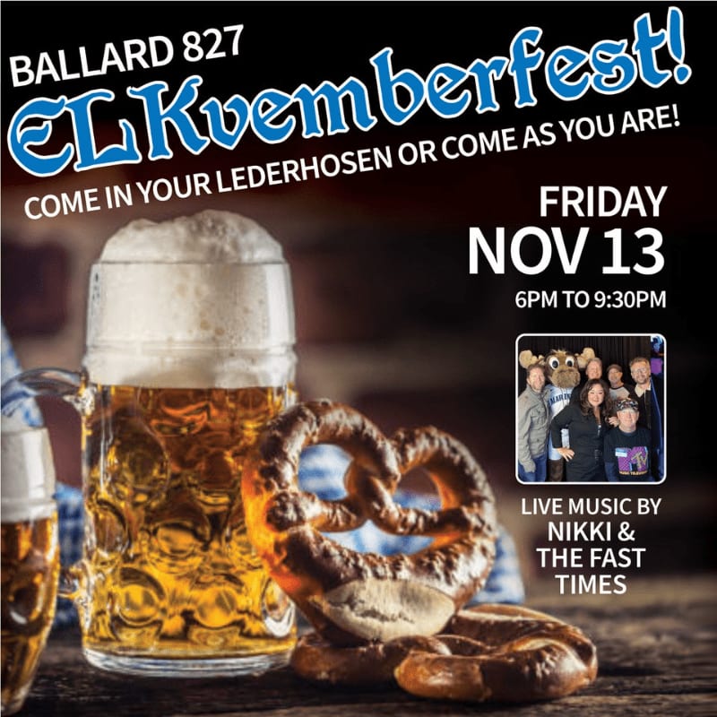 A frothy beer and pretzels are in the foreground, with a flyer for "ELKvemberfest!" and event details in the background.