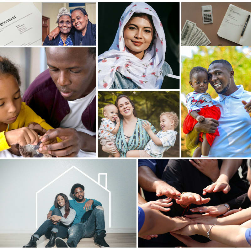 A collage of diverse people in various settings, from family portraits and financial documents to a couple in front of a house outline and a group's hands joined together.