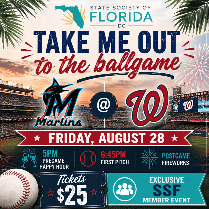 A baseball sits in the foreground with a baseball stadium and fireworks in the background advertising a "Take Me Out to the Ballgame" event on Friday, August 28th.