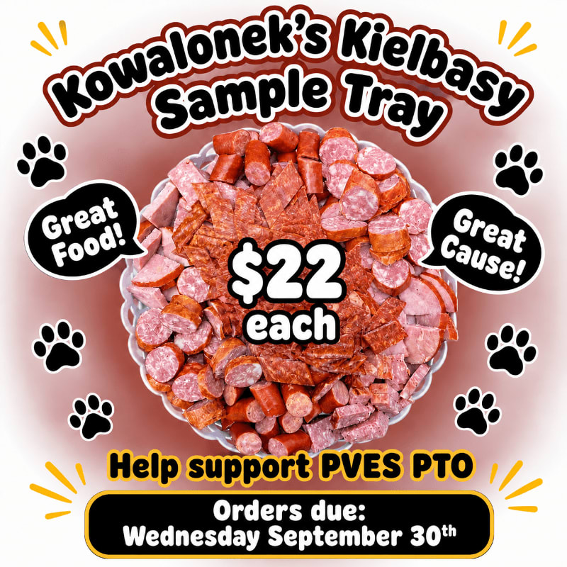 A sample tray of Kowalonek's kielbasy is presented in the foreground, with a red background featuring paw prints and promotional text.