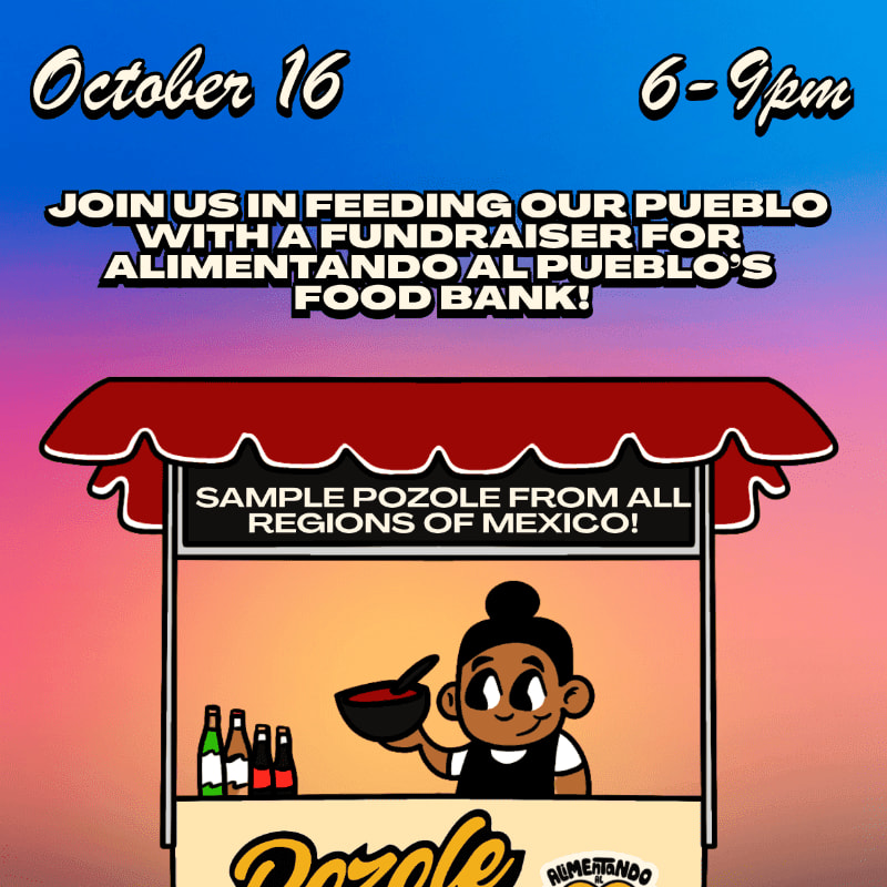 A cartoon vendor stands behind a food stall offering pozole samples, with a colorful gradient sky in the background.
