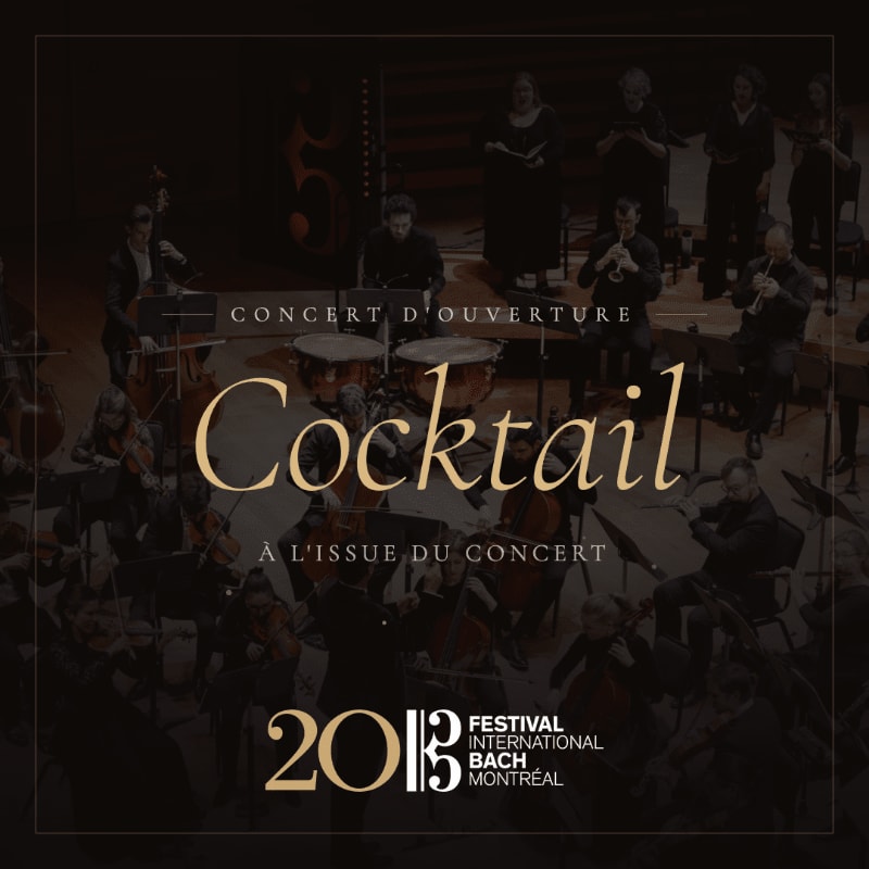 A blurred orchestra performs in the background, while the foreground features the bold text "Cocktail" and event details.