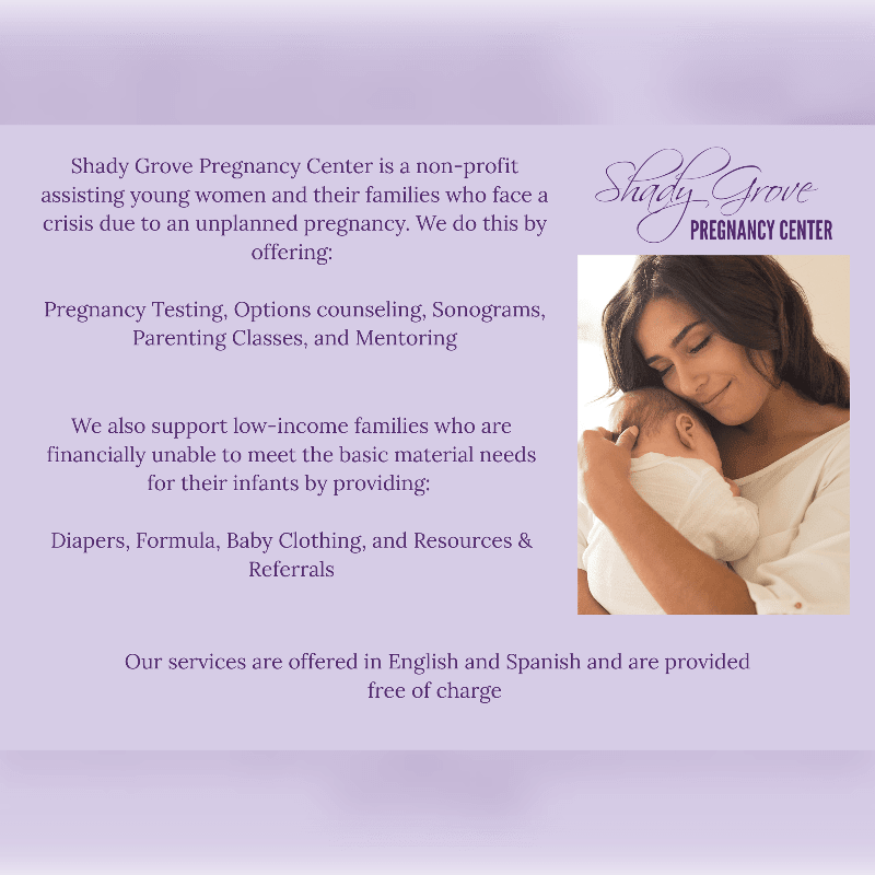 A tender image of a mother holding her baby is presented alongside text detailing the services of Shady Grove Pregnancy Center.