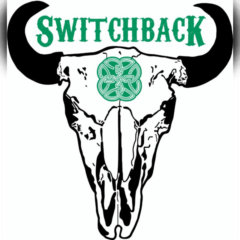 A stylized bull skull with large horns and a Celtic knot design on its forehead is centered against a plain white background, with the word "SWITCHBACK" in green lettering arching over the horns.